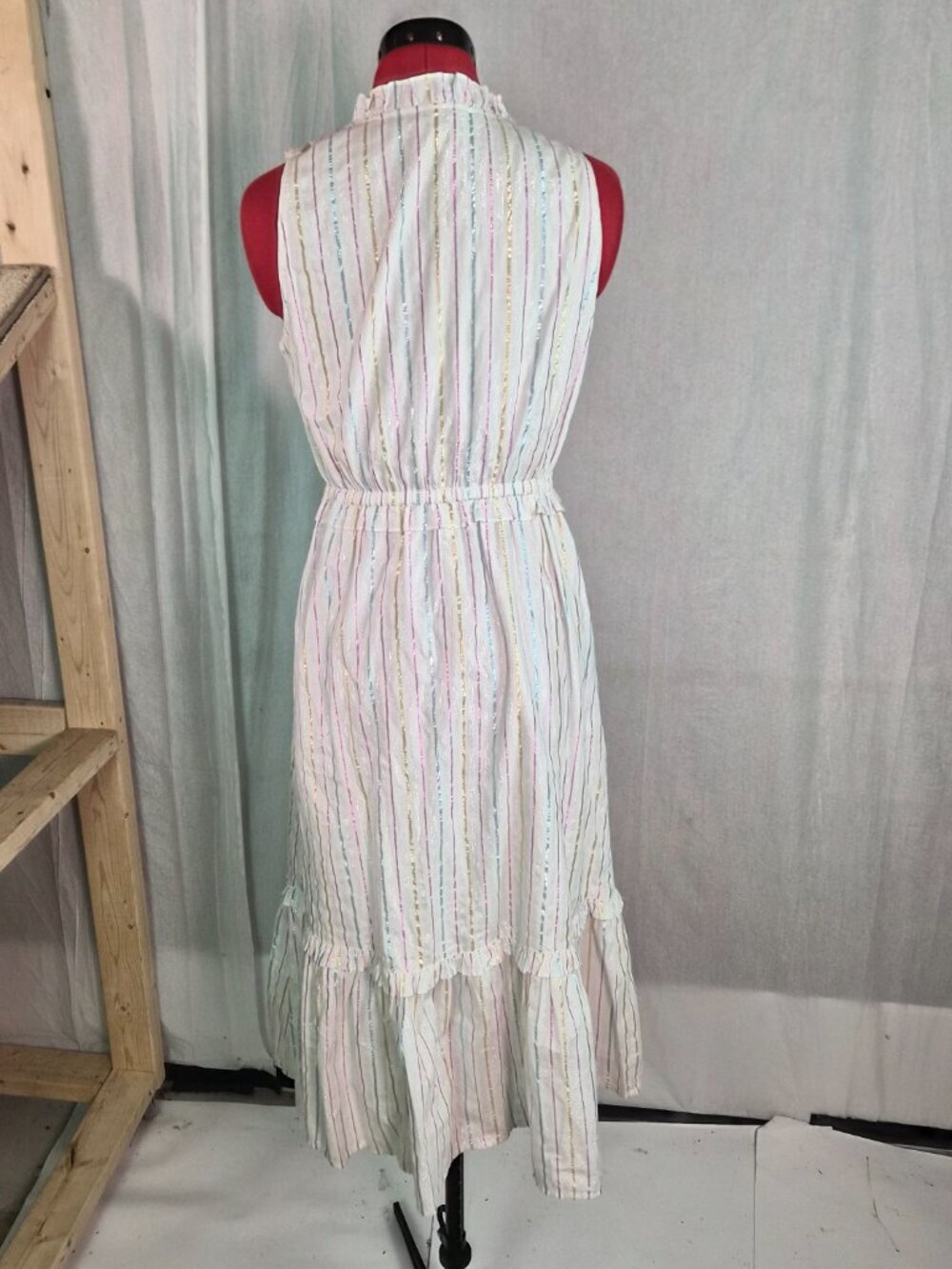 J. Crew Shimmer Womrns Tie-front Midi Dress White Metallic Striped Size 2 G223 - Picture 5 of 14